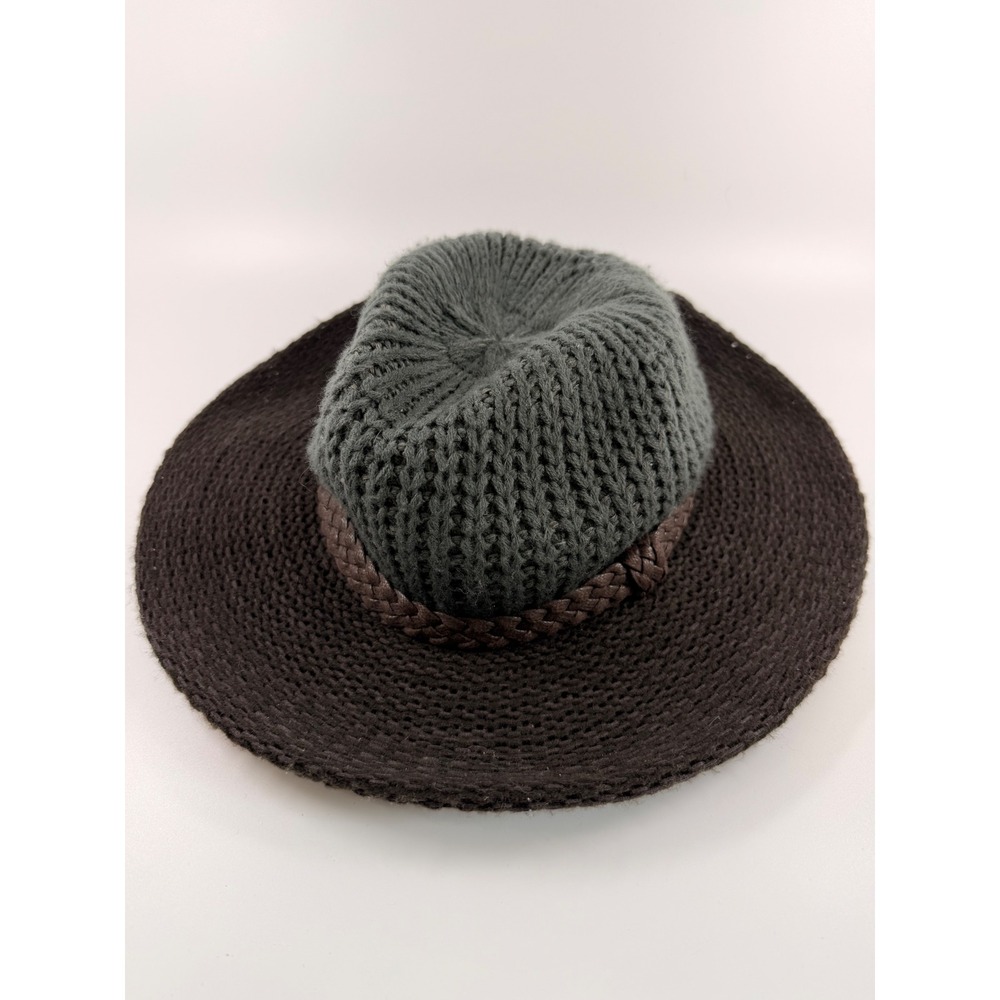 Two Tone Knit Fedora Hat Brown Green Braided Band Wide Brim One Size RN65281‎